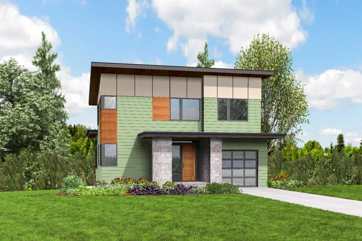 Two-story modern house plan with a covered entry, stone accents, horizontal siding, and a two-car garage.