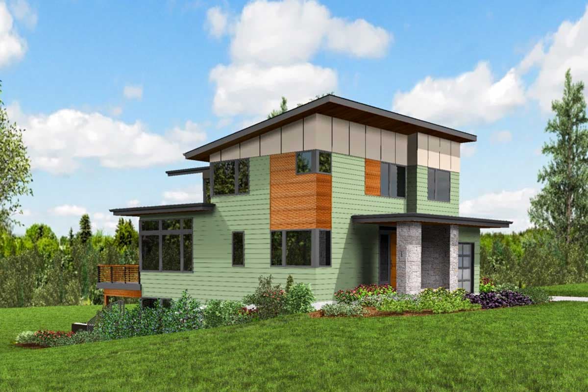 Modern house plan exterior with stacked stone columns, large windows, wood accents, and cantilevered rooflines.
