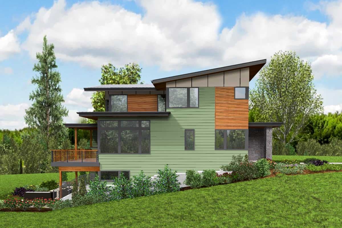 Modern house plan exterior with slanted rooflines, two stories, wood siding accents, and a covered deck.