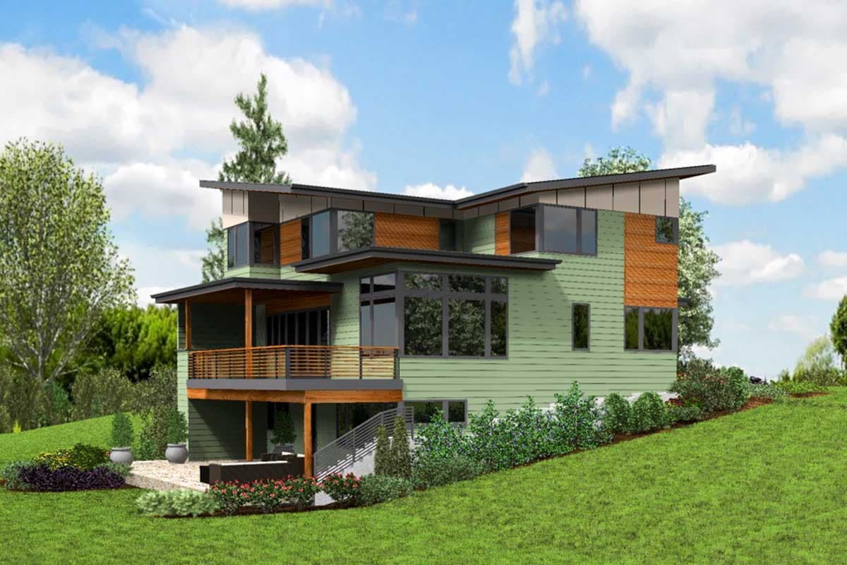 House plan exterior: Modern style, two stories, cantilevered upper level, large windows, and a covered deck.