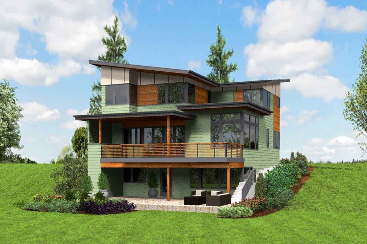 Modern house plan exterior with multiple stacked levels, asymmetric rooflines, wood accents, and a wrap-around deck.