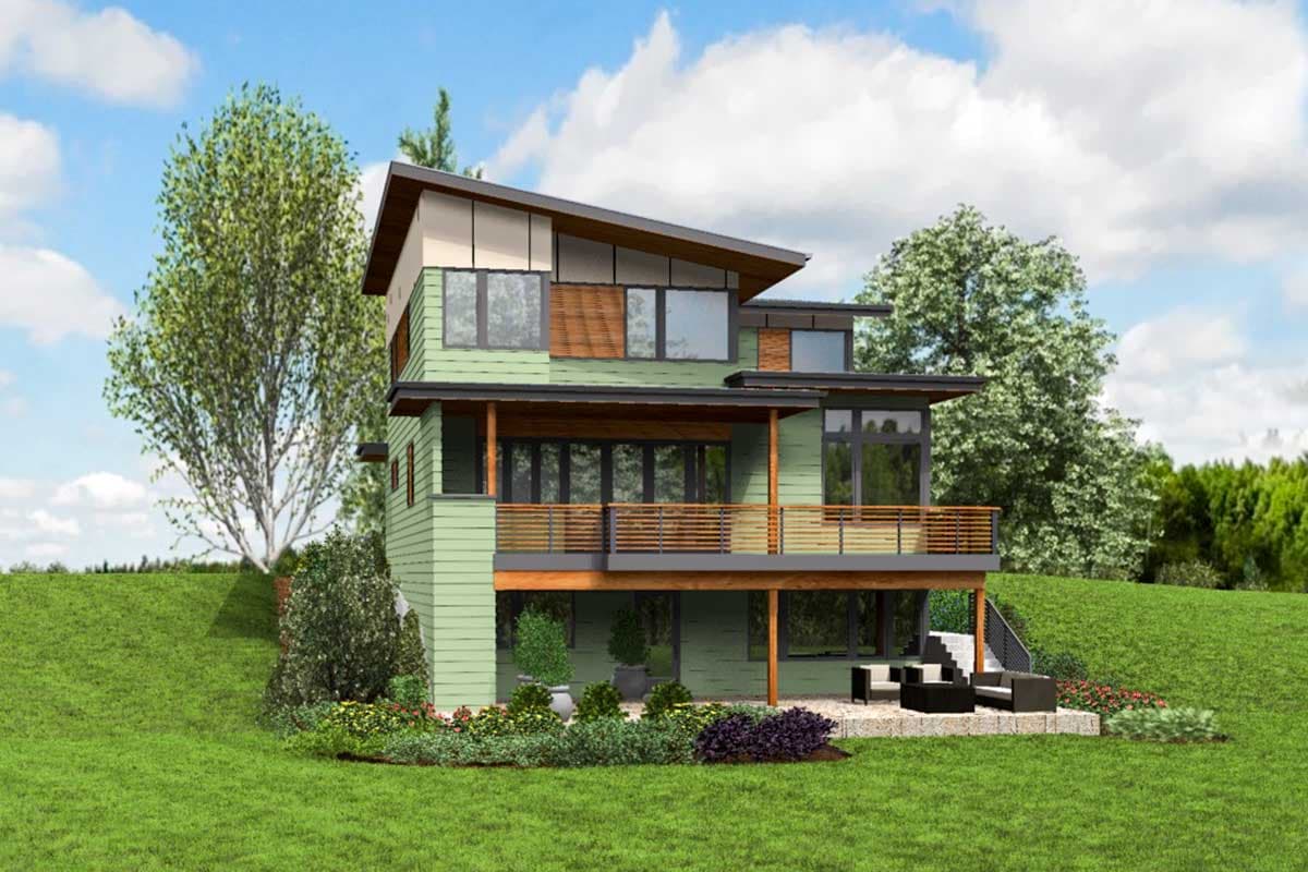Modern house plan exterior with asymmetrical rooflines, multiple gables, wood siding, and wraparound balcony.