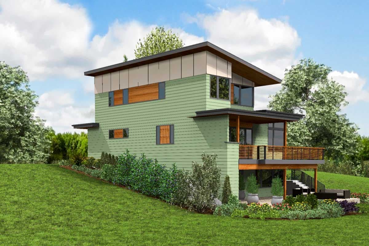 House plan exterior of a two-story modern home with a sloped roof, horizontal siding, and a wraparound deck.