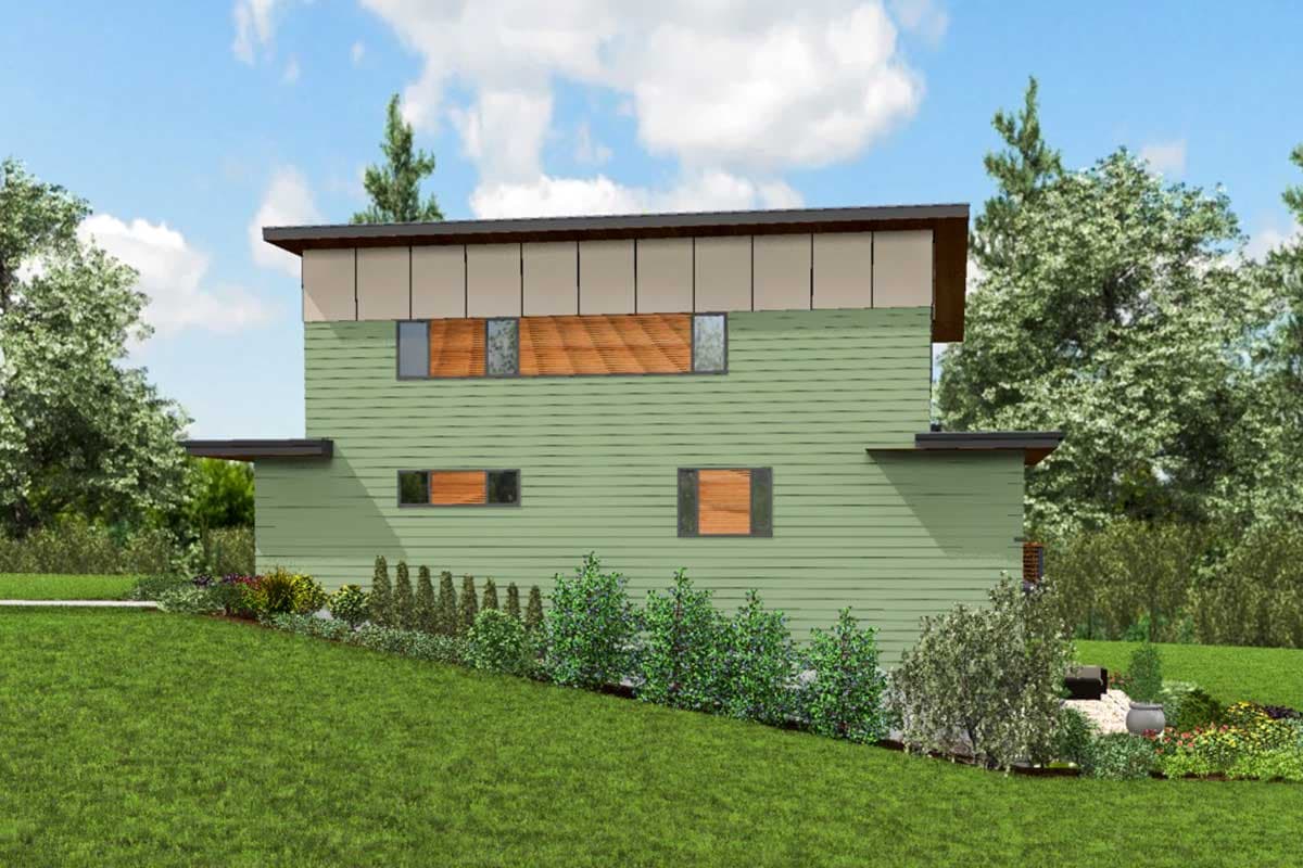 Modern style two-story house plan exterior with horizontal siding, flat roof, and multiple rectilinear windows.