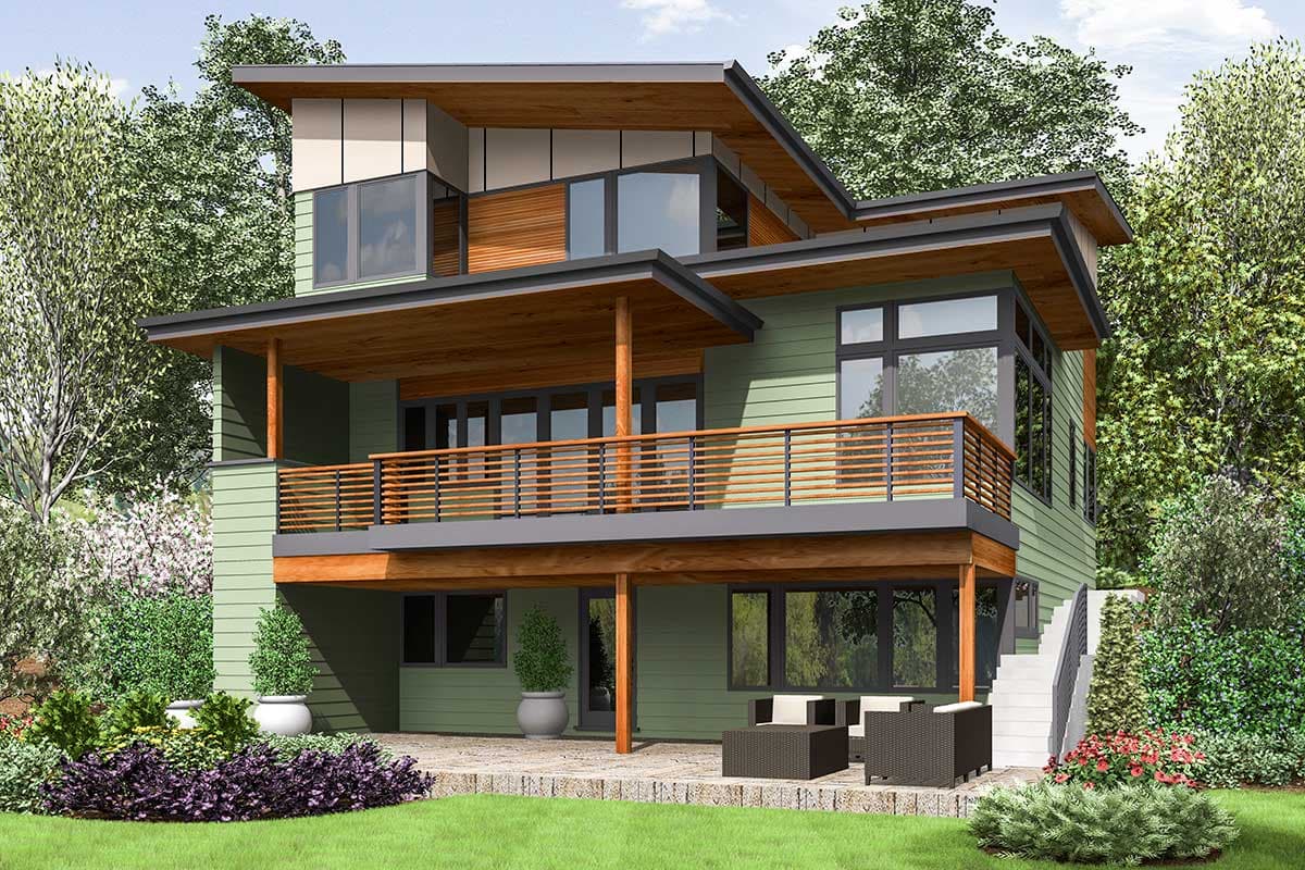 Modern house plan exterior with multiple levels, cantilevered decks, wood siding accents, and large windows.