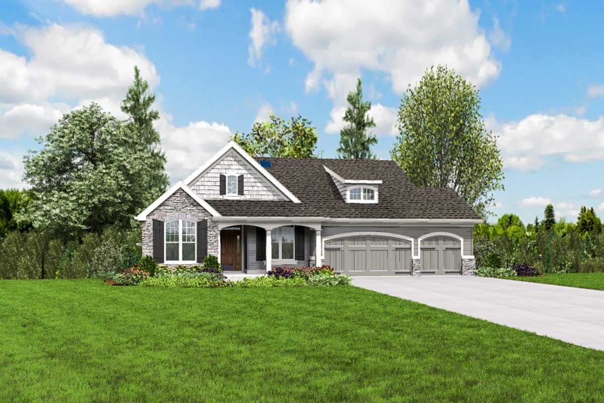 House plan exterior: Craftsman style, one story, covered porch, stone accents, dormer, and a three-car garage.