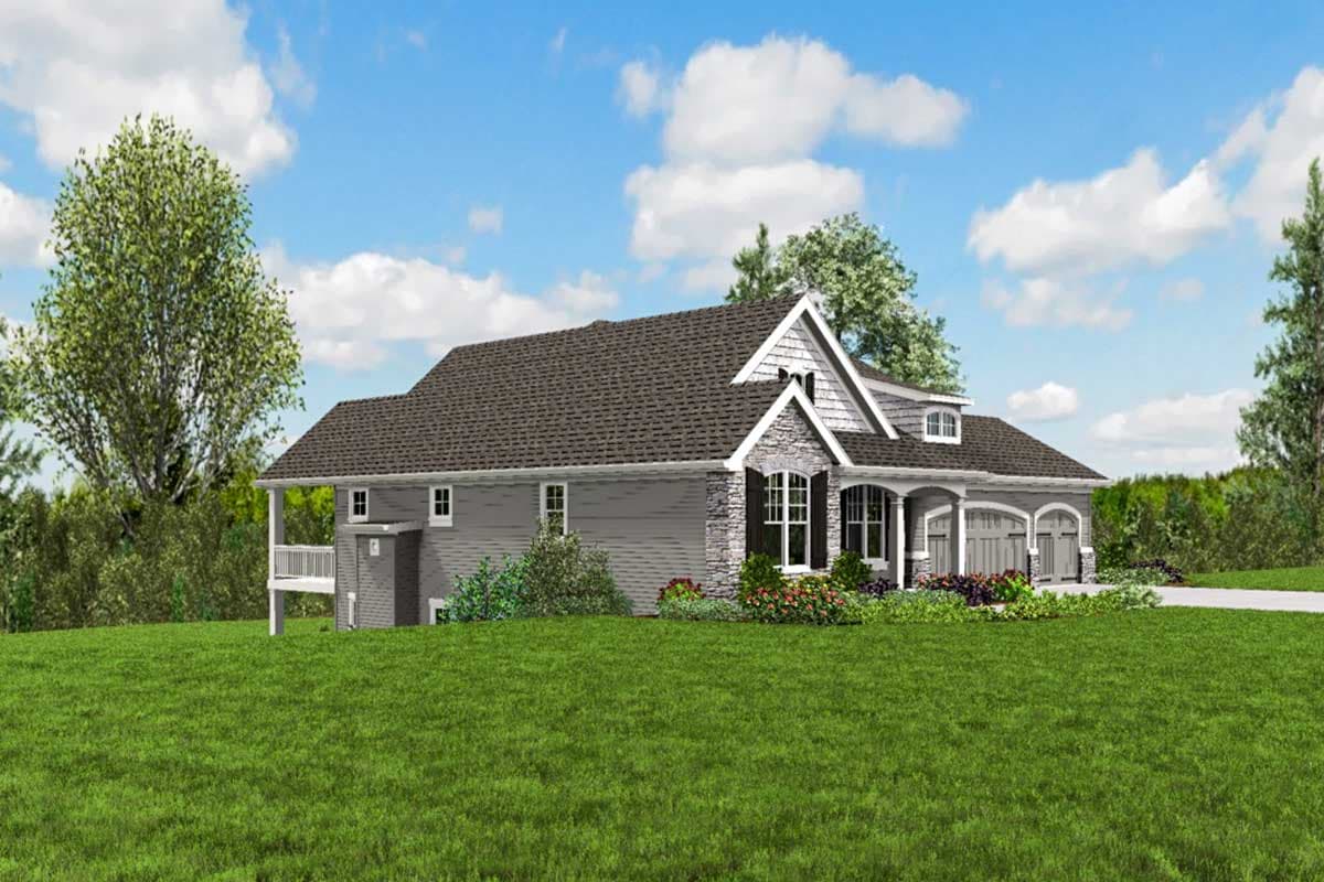 House plan exterior: two-story modern farmhouse with stone accents, gables, dormer, and a three-car garage.