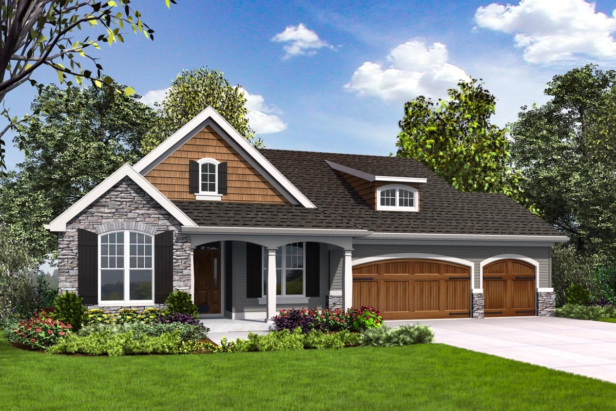 House plan exterior featuring a one-story design with a Craftsman style. Key features include gabled roof, stone accents, and two-car garage.