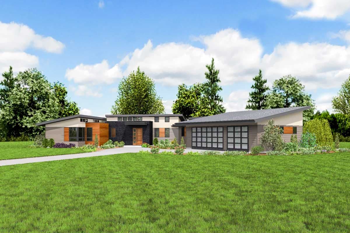 Modern single-story house plan with a low-pitched roof, horizontal siding, stone accents, and a multi-pane garage door.