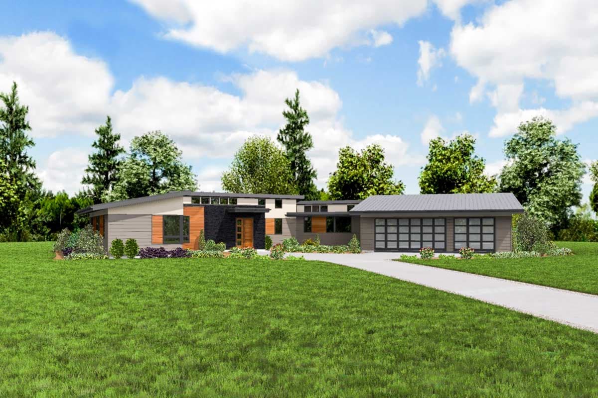 Modern single-story house plan exterior with a low-pitched roof, horizontal siding, stone accents, and a double garage with glass doors.