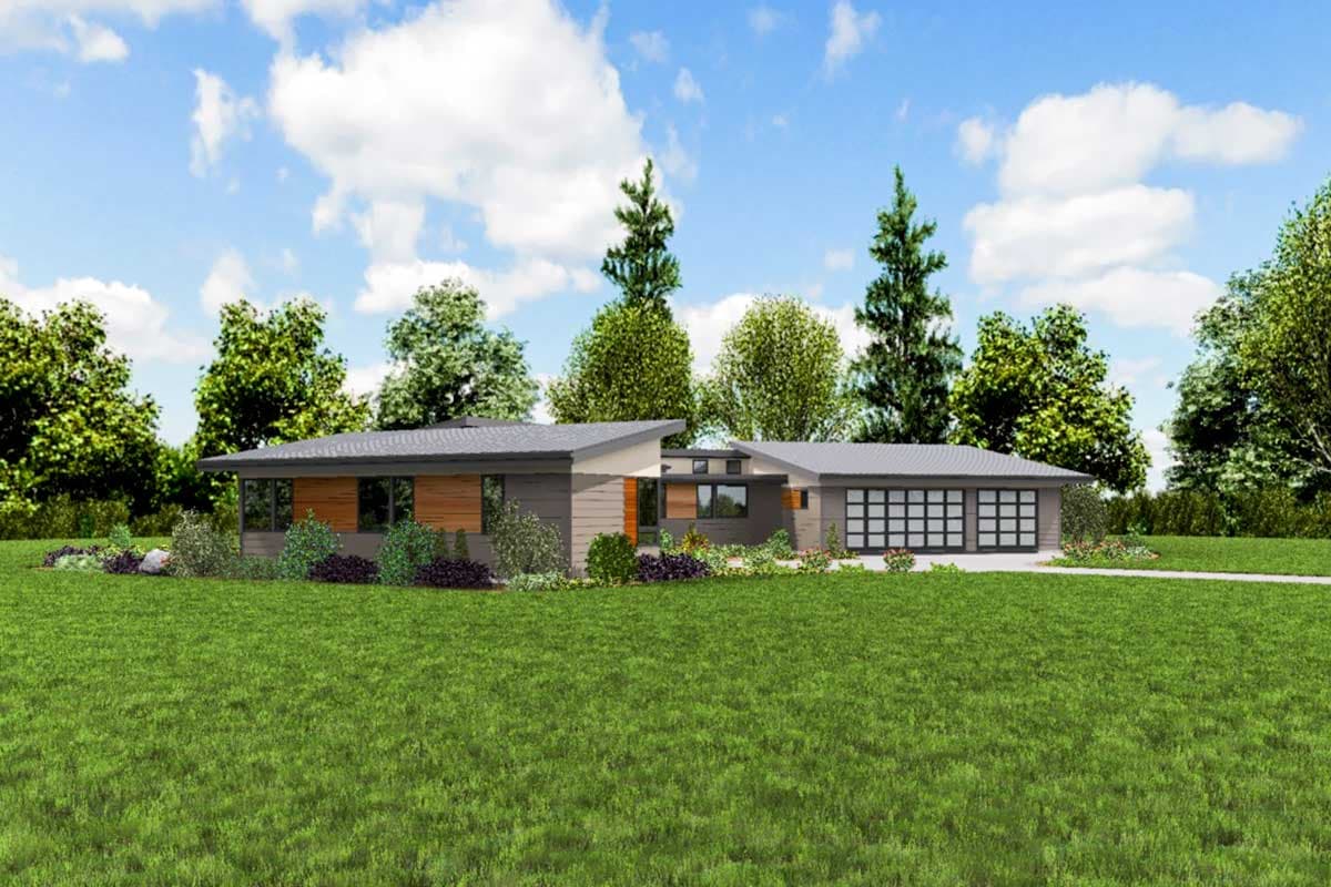 Modern Ranch house plan exterior with asymmetrical rooflines, wide windows, wood siding accents, and a two-car garage.