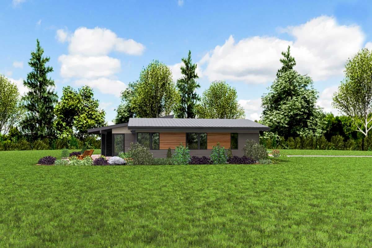 Single-story modern house plan with a flat roof, horizontal wood siding, and large windows. House plan exterior.