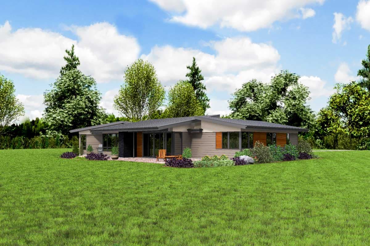 House plan exterior: single-story Modern home with low-pitched roof, horizontal siding, and large windows.