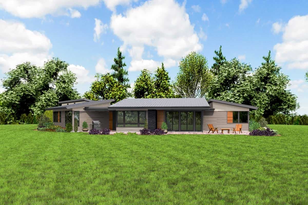 House plan exterior of a single-story modern home with multiple gables, large windows, and horizontal siding.