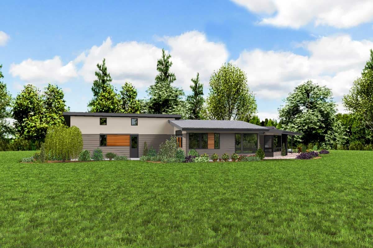 House plan exterior of a two-story modern home with a covered patio, large windows, and horizontal siding.