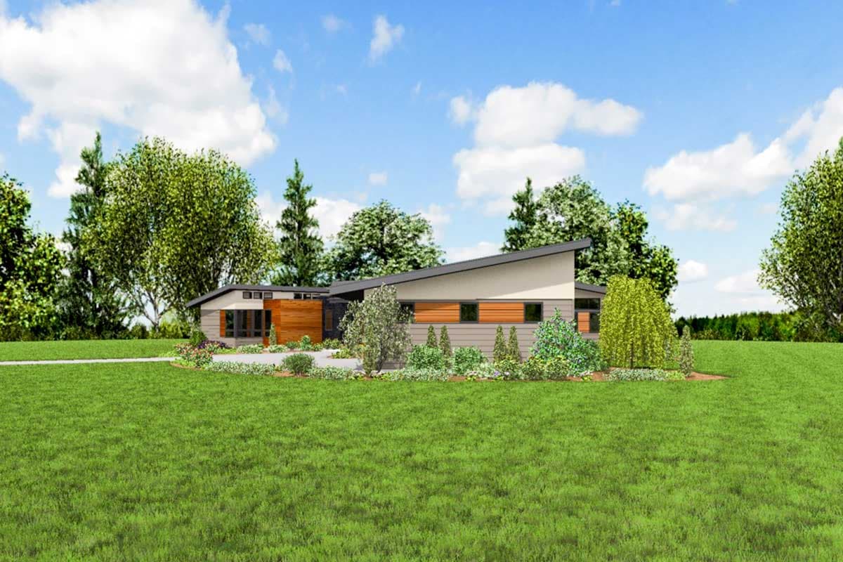 Modern house plan exterior with a single story, sloped roofline, wood paneling, and large windows.