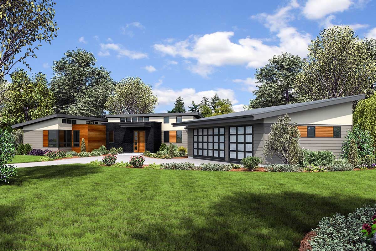House plan exterior with modern style, one story, a slanted roof, and a multi-car garage with a glass-paneled door.