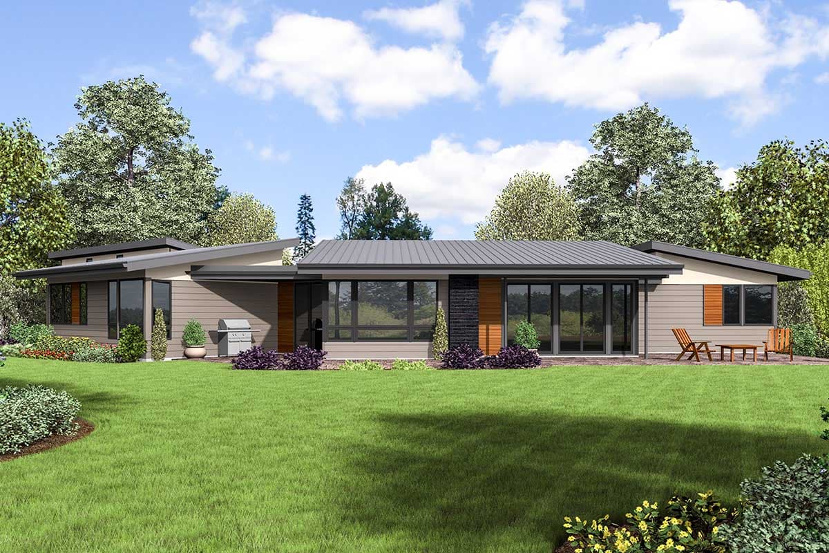 Modern house plan exterior with low-pitched rooflines, extensive glazing, horizontal siding, and stone accents.