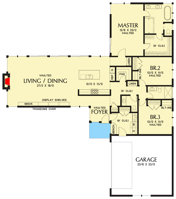Plan 69663AM: Sleek 3-Bedroom Modern House Plan - Floor Plan - Main Level - Mid Century Modern, Modern, Northwest, Ranch
