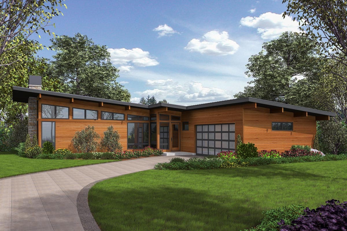 House plan exterior. Modern style, single story, with a flat roof, large windows, and an attached garage with a glass door.