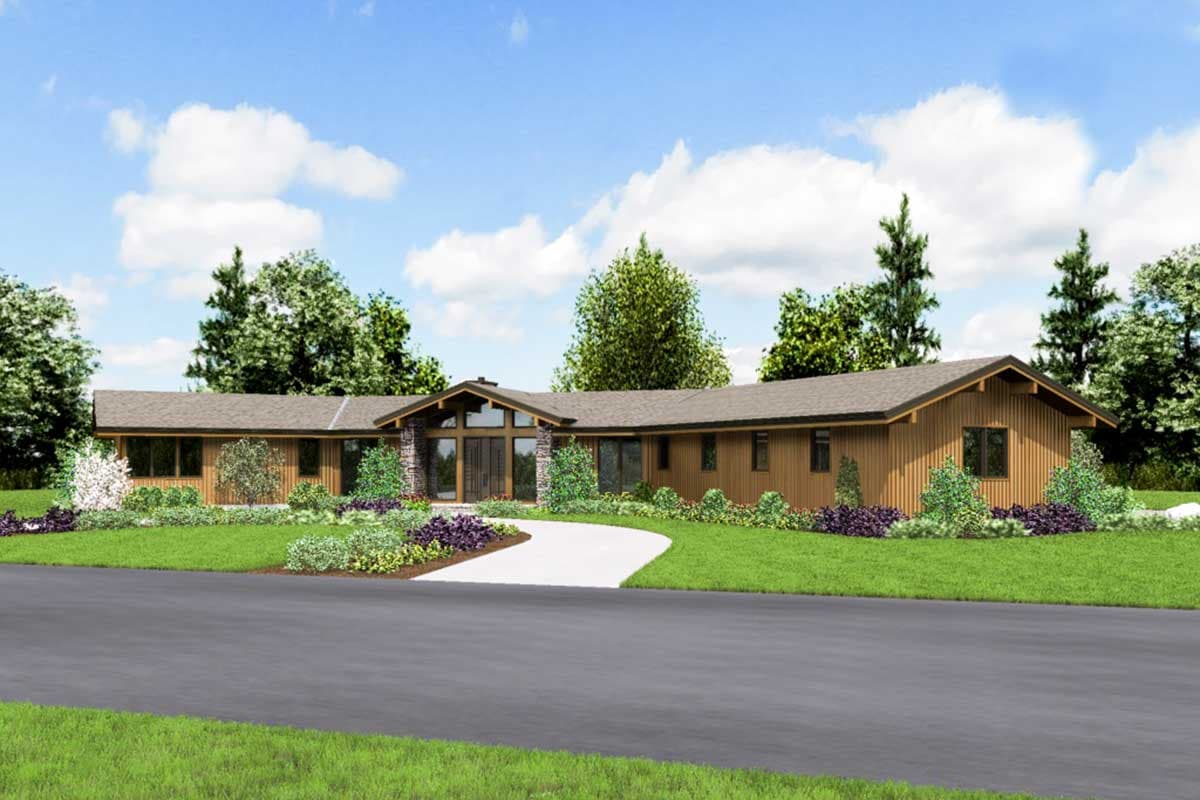 Ranch house plan exterior with wood siding, large picture windows, stone accents and a prominent entryway.