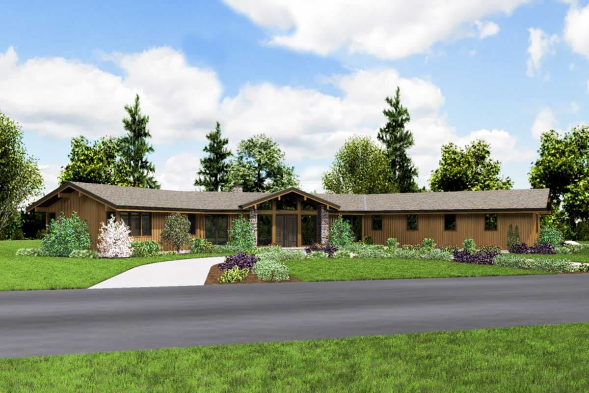 House plan exterior of a single-story Modern Ranch home with a large entryway, extensive glazing, and wood siding.