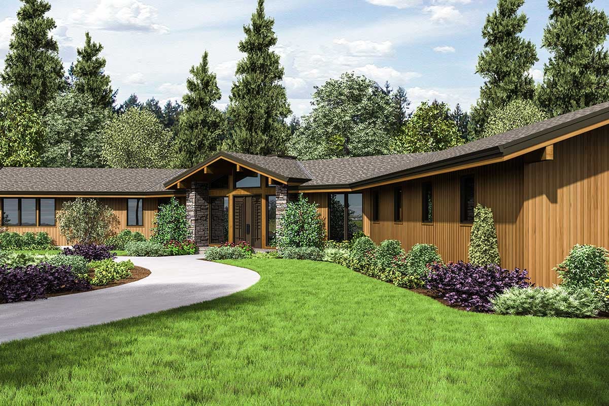 House plan exterior. One-story modern house with a stone entryway, gabled roof, and vertical wood siding. Features large windows.