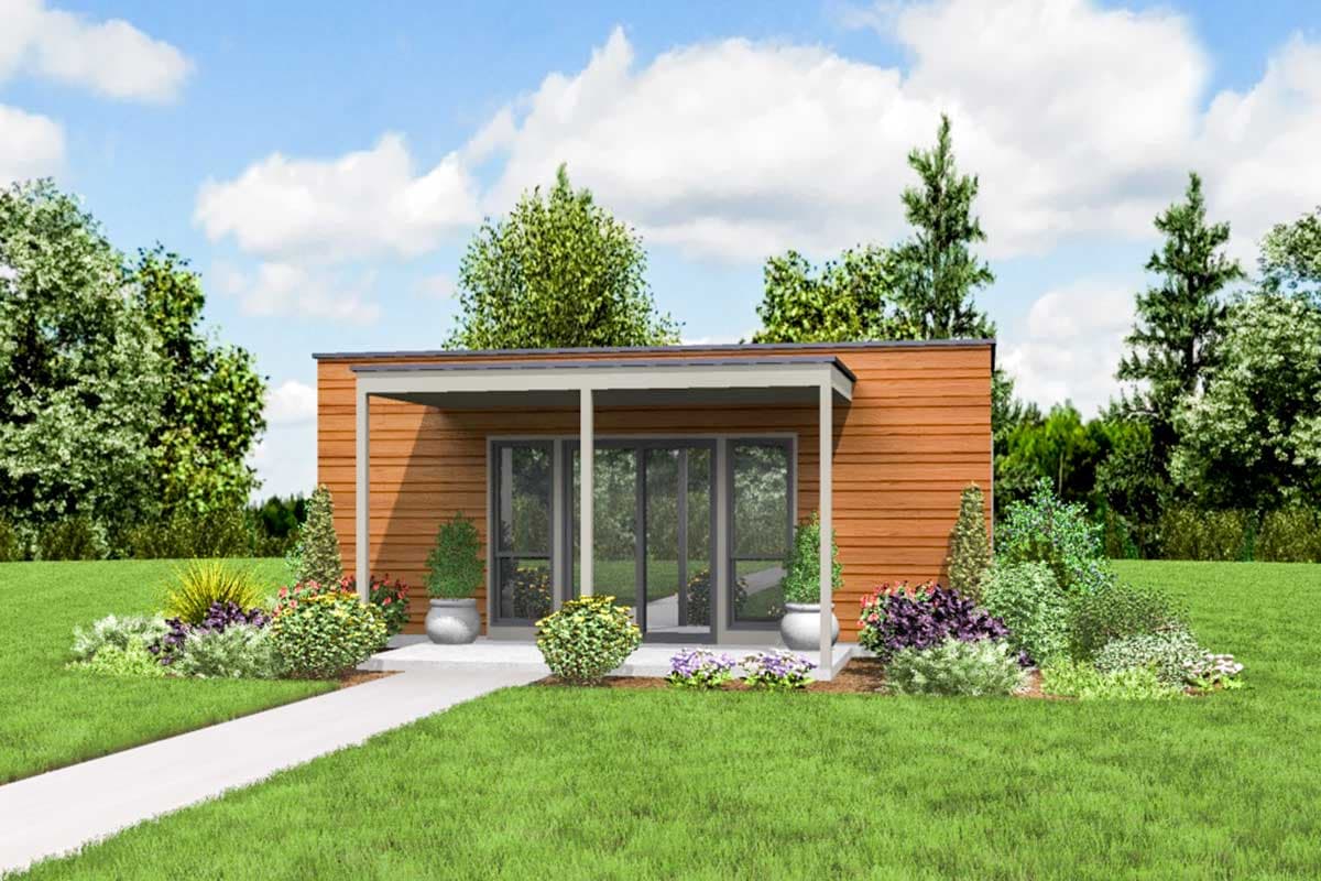 Modern one-story house plan exterior with horizontal wood siding, a covered porch with glass doors, and a flat roof.