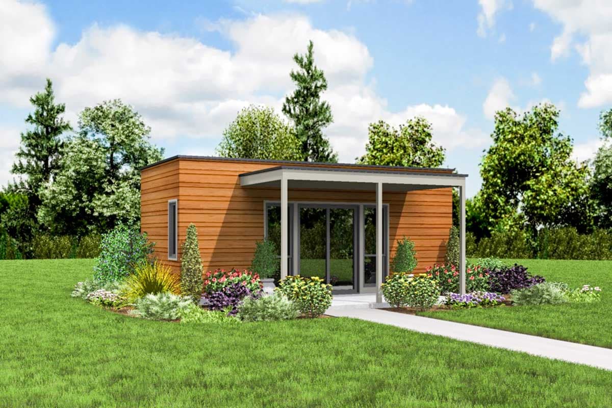 Modern house plan exterior with wood siding, flat roof, covered porch, and large glass doors.