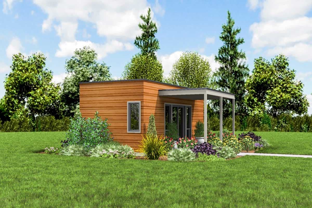 Modern house plan exterior with wood siding, a flat roof, and covered porch. Single story with large windows.