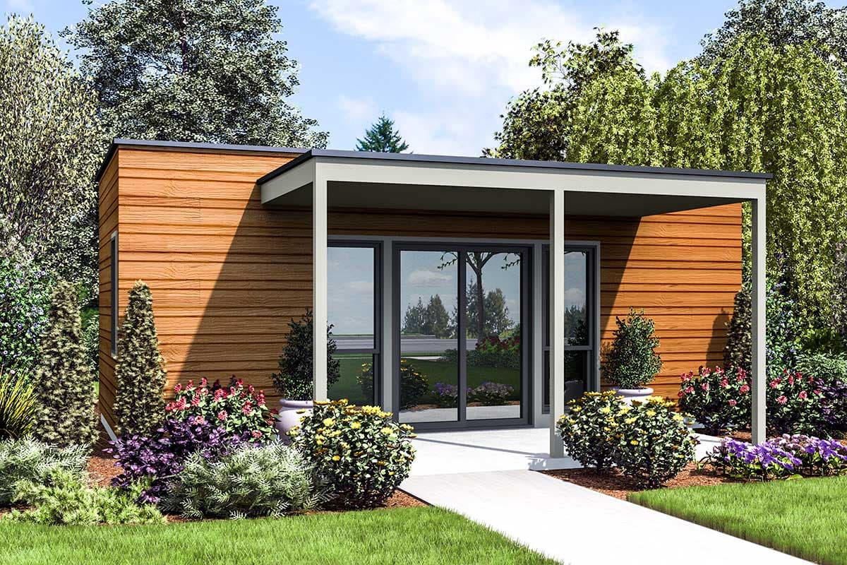 House plan exterior. Modern style with flat roof. Features include a covered porch with supporting columns and floor-to-ceiling windows.