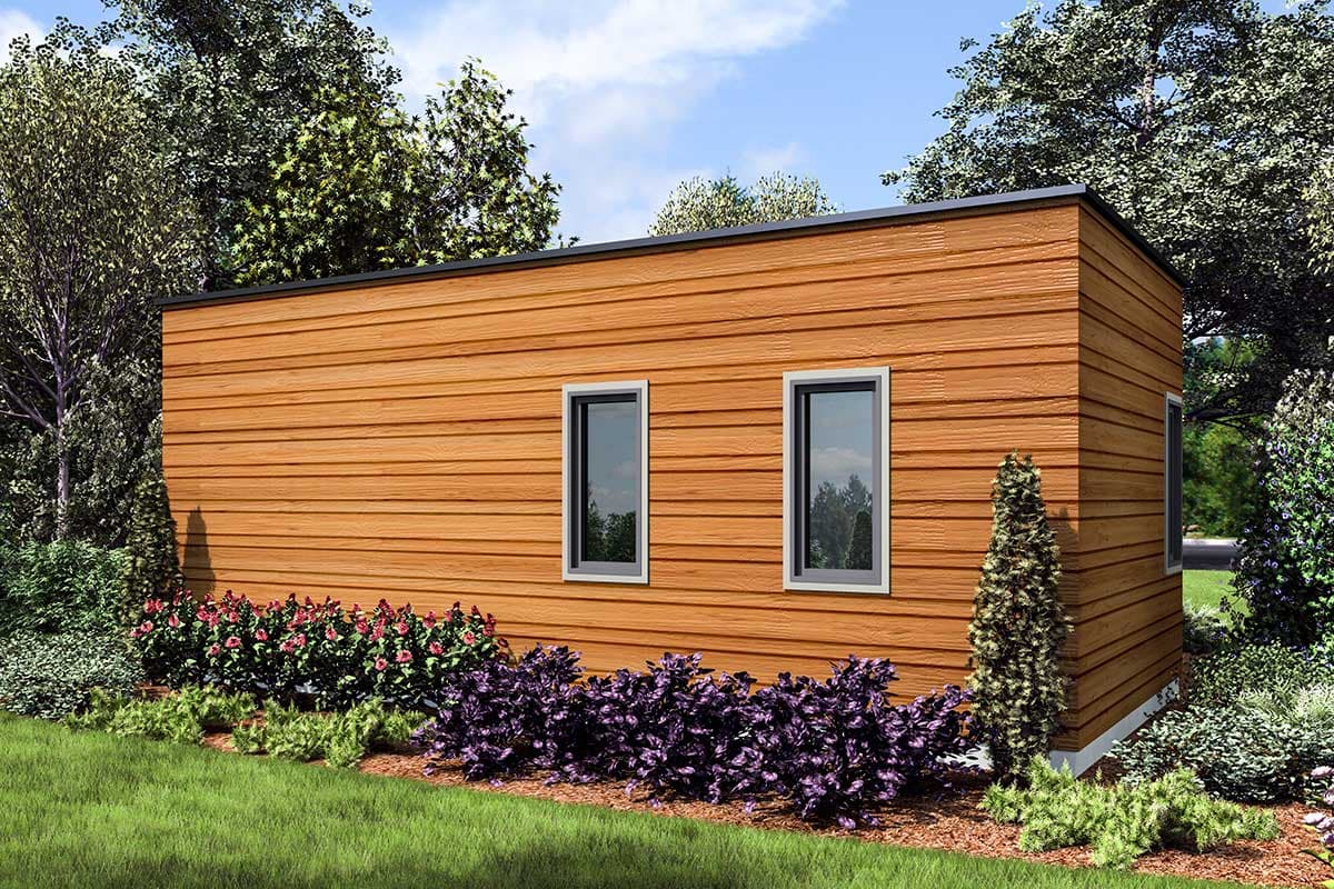 Modern house plan exterior with horizontal wood siding, a flat roof, and two vertical windows on the side elevation.