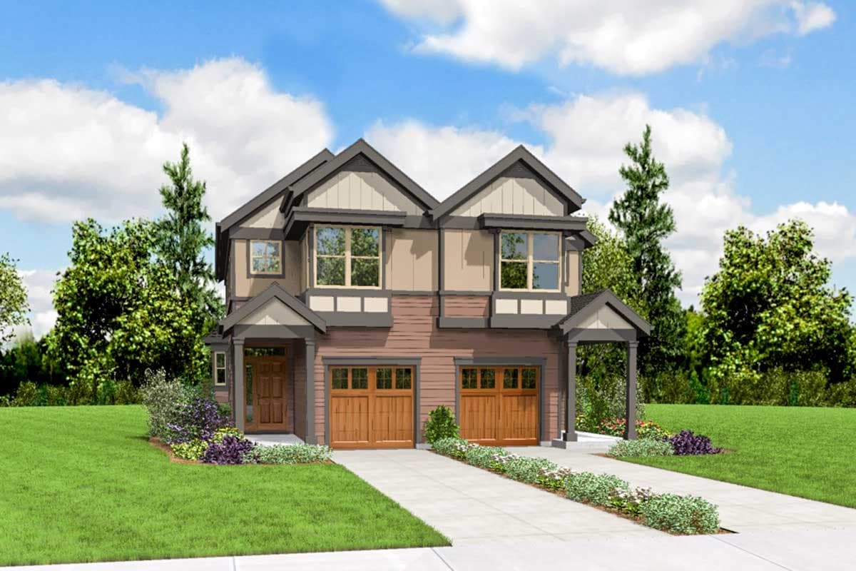 House plan exterior: two-story Modern Farmhouse with double garage, dual gables, and covered entry porches.