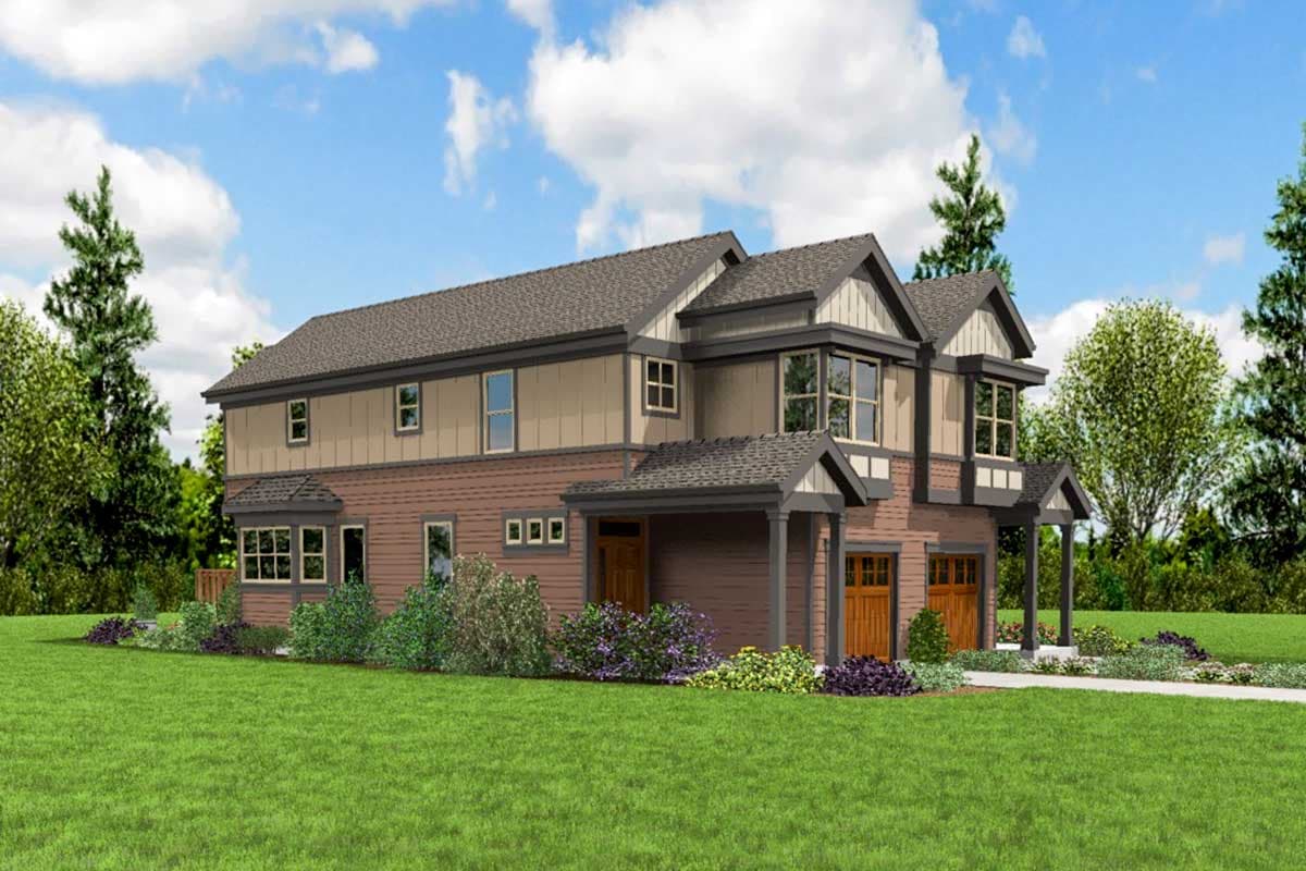House plan exterior of a two-story home with gables, dormers, attached garage, and covered entry.