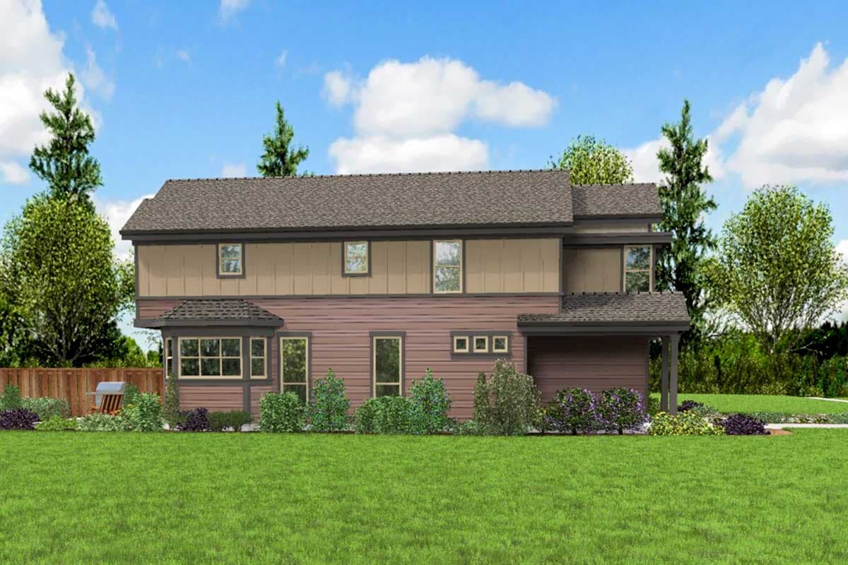 House plan exterior: Two-story contemporary home with a hip roof, horizontal siding, multiple window groupings, and an attached garage.
