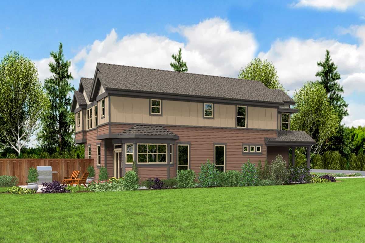 House plan exterior: two-story, modern design with multiple gables, a bay window, and a covered porch.