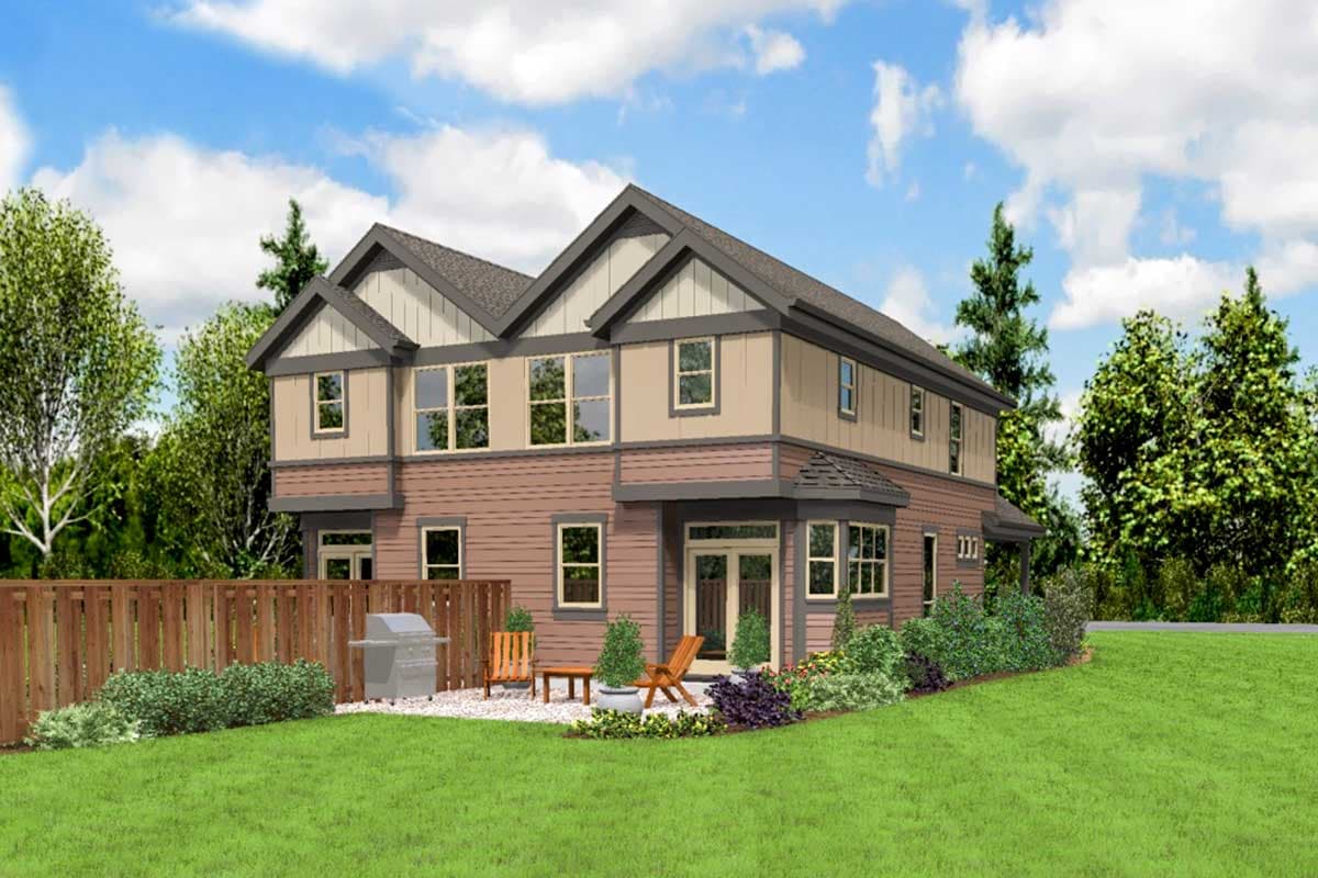 Modern Farmhouse house plan exterior, two stories, with prominent gables, dual entry doors, and a covered side porch.