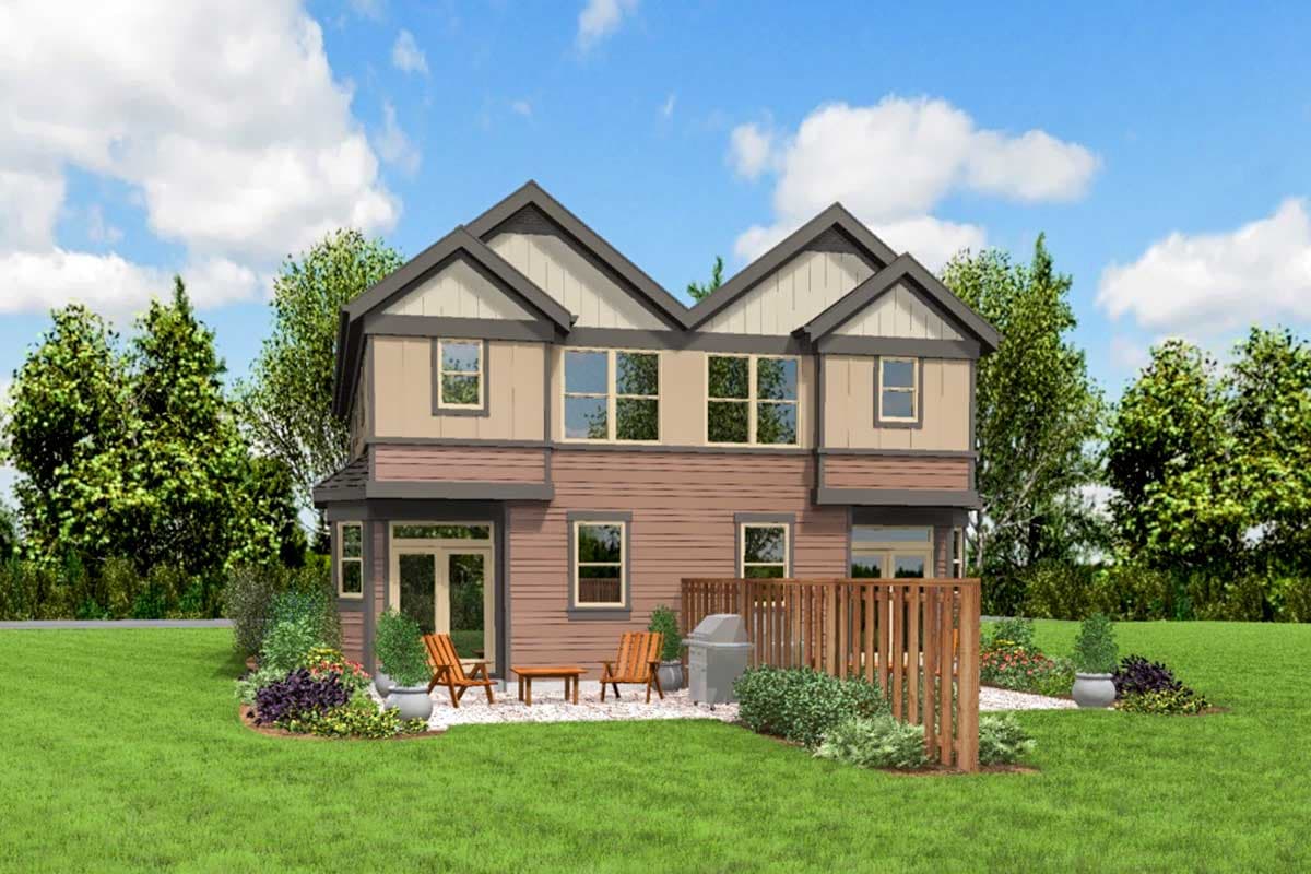 House plan exterior: Two-story home with prominent gables, horizontal siding, and a fenced backyard with patio and outdoor seating.