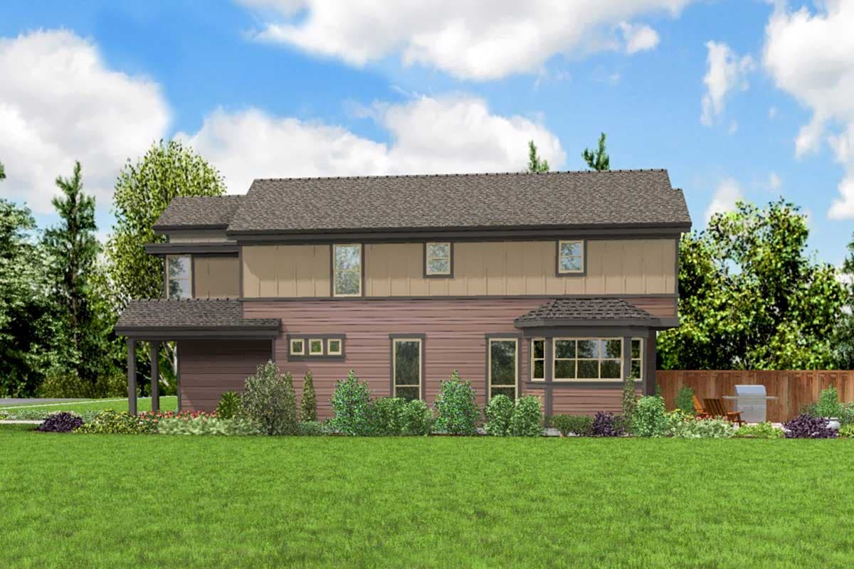House plan exterior: two-story home with pitched roof, gabled dormers, covered entry porch, and a bay window.