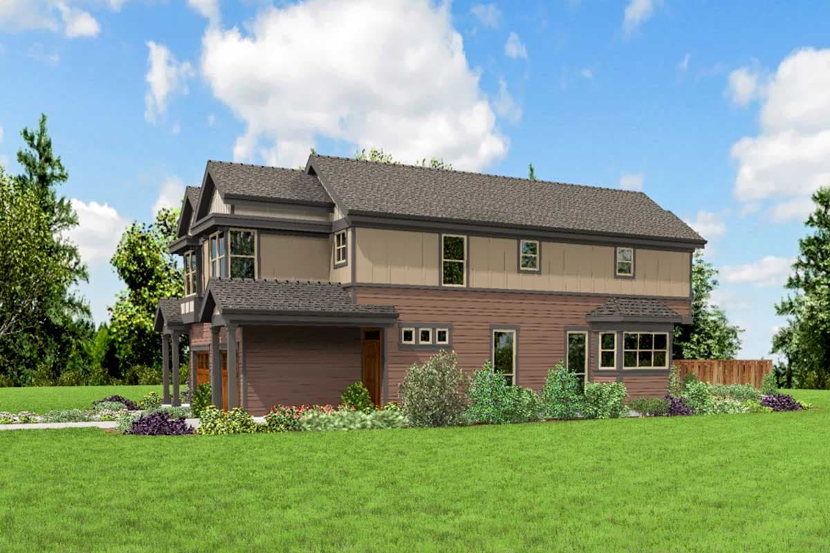 House plan exterior of a two-story home with a front-facing garage, gables, dormers, and a covered entry.