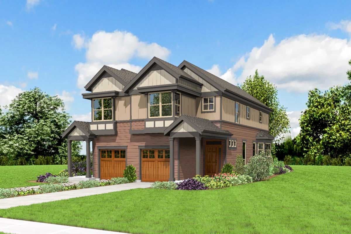 Two-story house plan exterior with three garage doors, gabled dormers, stacked windows, and covered entry.