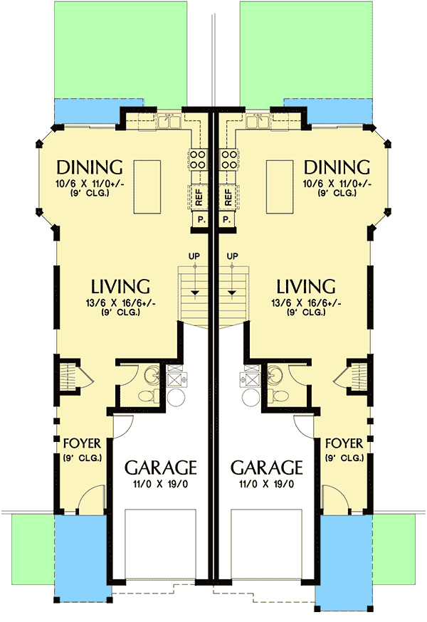 Plan 69666AM: Craftsman Duplex House Plan with Covered Entries - Floor Plan - Main Level - Craftsman, Northwest