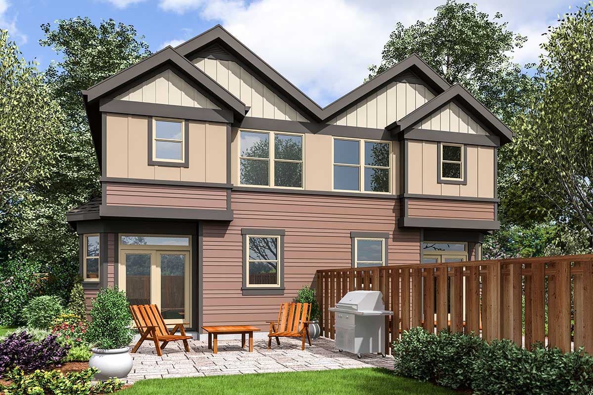 House plan exterior with gable rooflines, varied siding materials, and multiple windows on two stories.