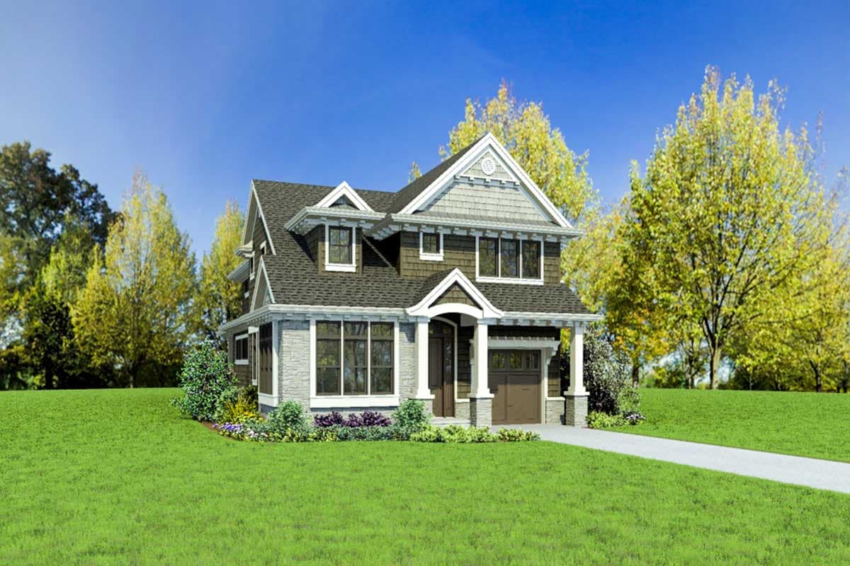 Craftsman style house plan exterior with two stories, stone accents, prominent gables, and a covered front entry.