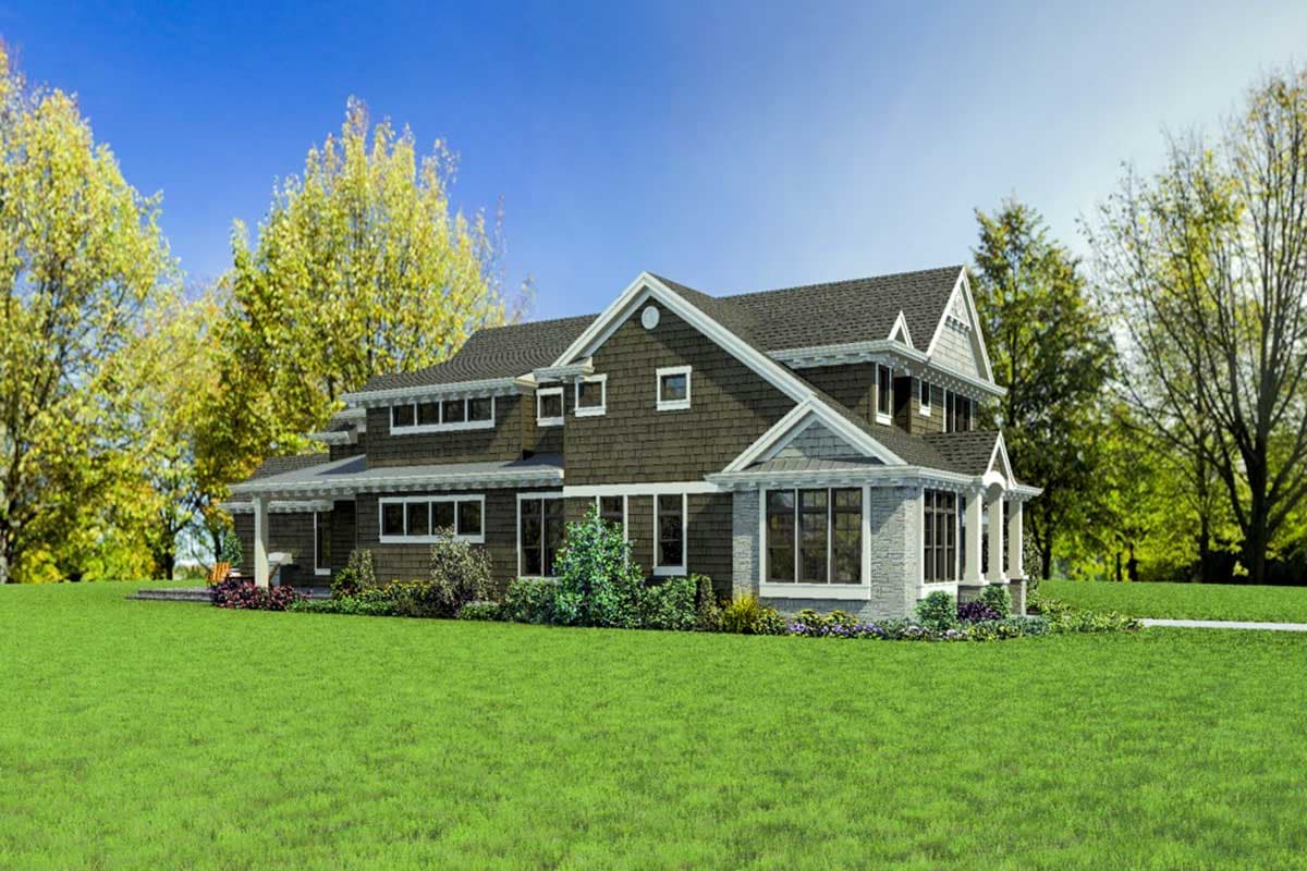 House plan exterior: two-story Modern Farmhouse with dark shingle siding, gables, dormers, stone accents, and covered front porch.