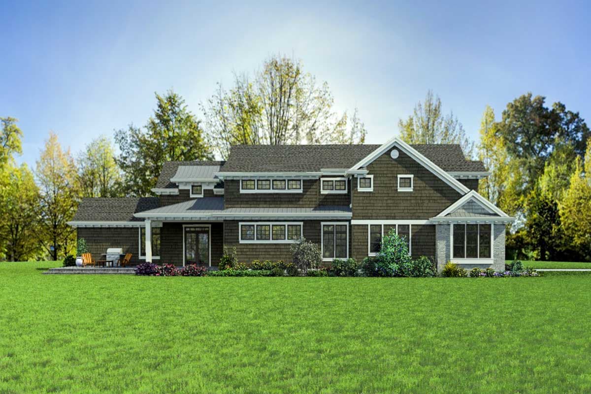 House plan exterior, two-story Modern Farmhouse with gabled rooflines, dormers, front porch, and stone accents.