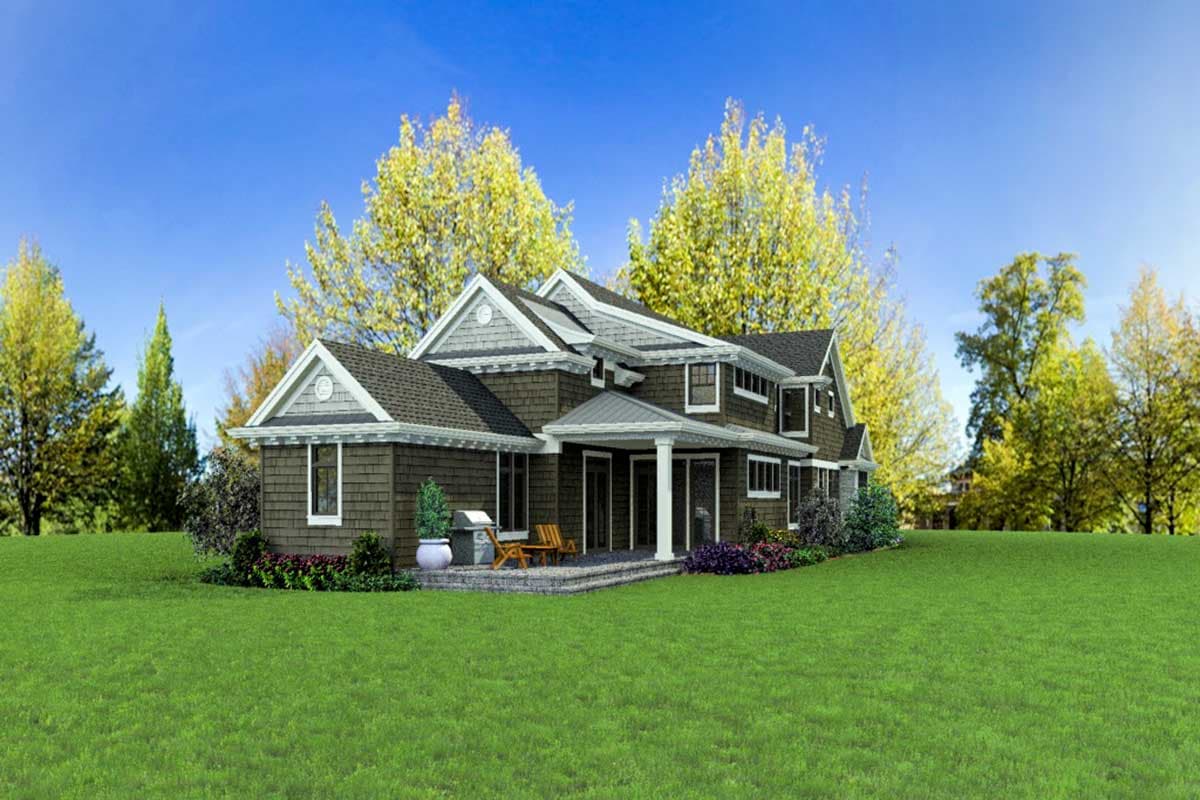 House plan exterior: Two-story Modern Farmhouse with a covered porch, multiple gables, and dormer windows.