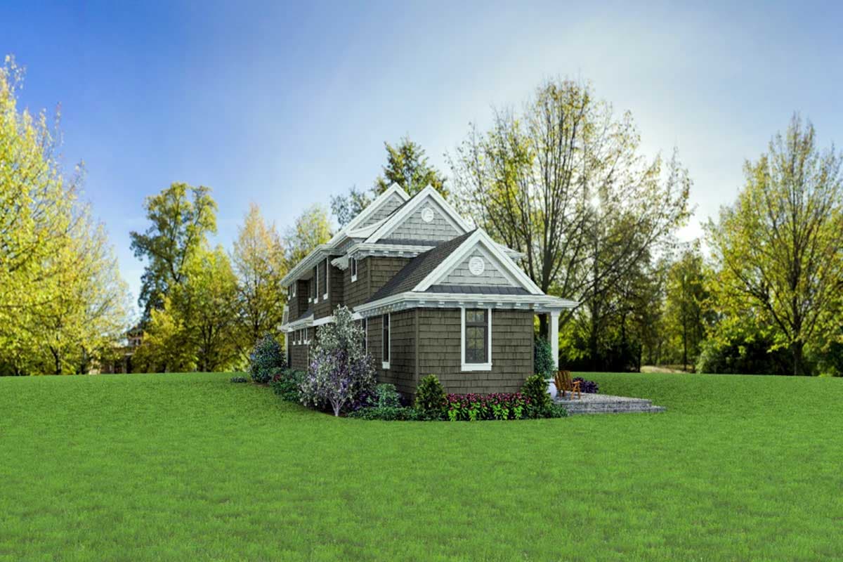 Two-story house plan exterior featuring gables with decorative trim, shingle siding, and a covered porch.