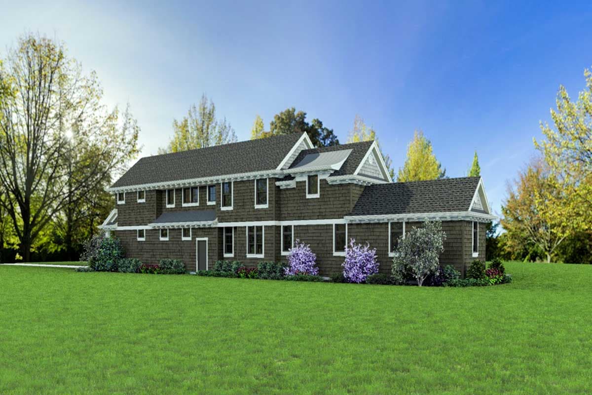 House plan exterior: Traditional two-story home with shingle siding, multiple gables, dormers, and a dark roof.