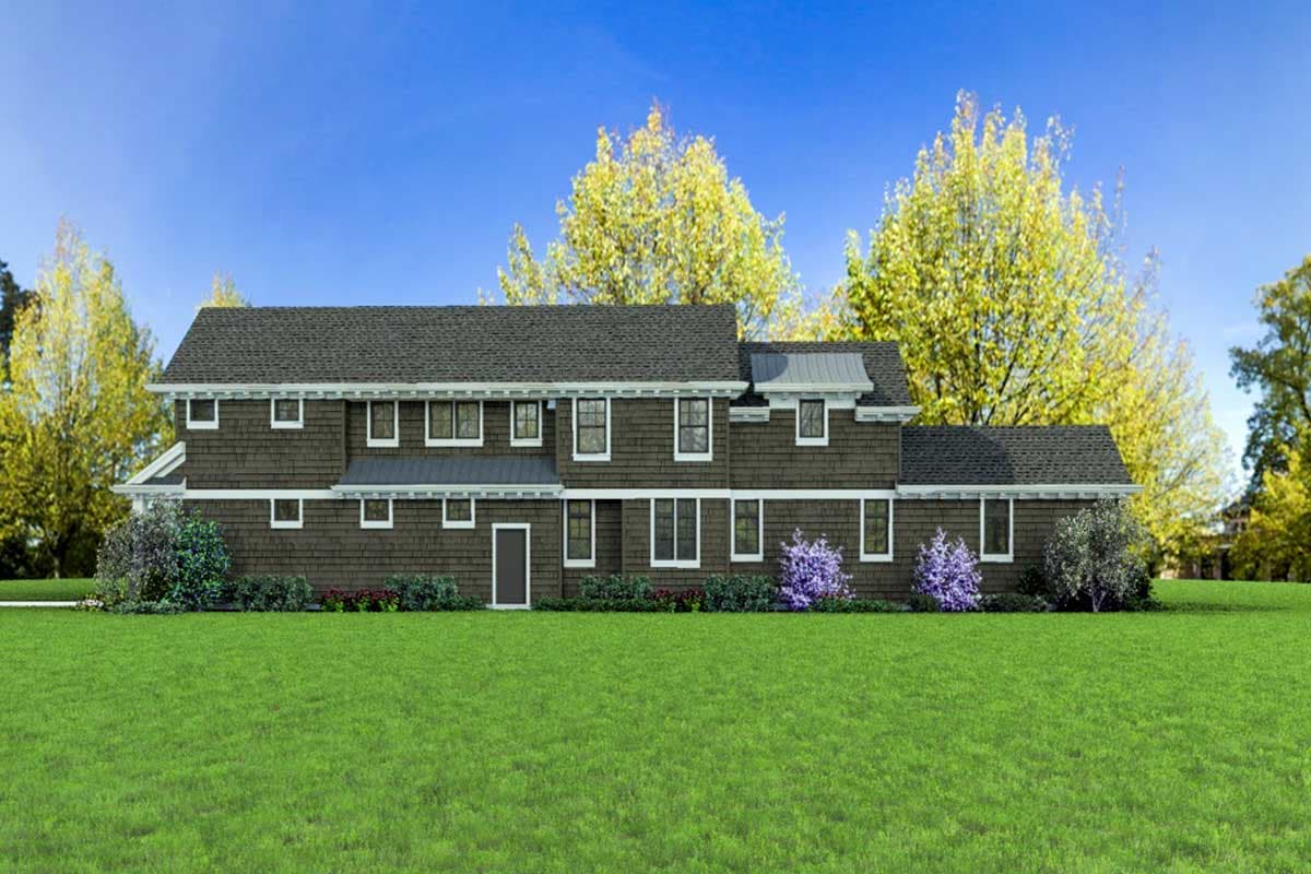 House plan exterior of a two-story home with dark shingle siding, multiple gables, and numerous windows.